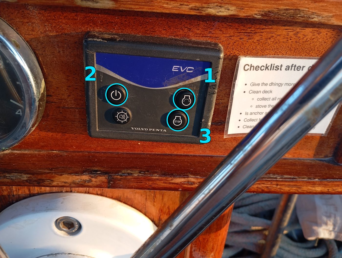 Volvo Penta EVC panel in the cockpit, with the start, ignition and stop buttons circled